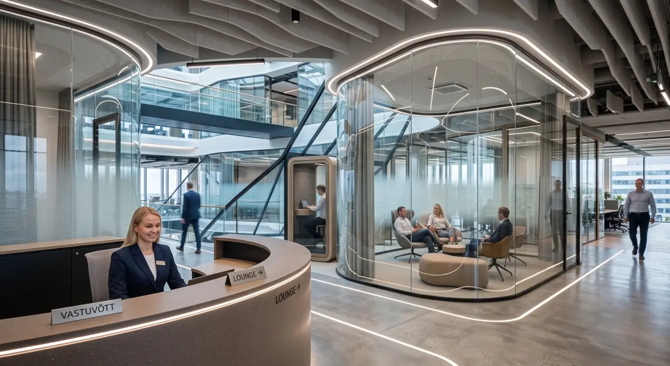 Kumerad premium klaasvaheseinad ja LED-valgustus loovad kaasaegsesse kontorisse stiilse 'Lounge' puhkeala.