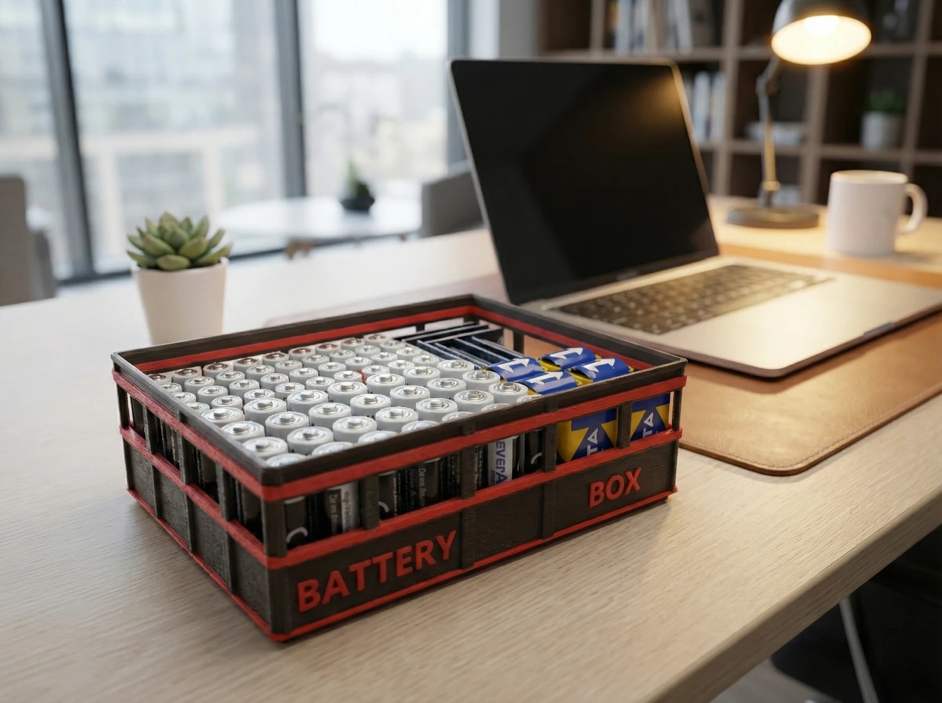 Must-punane 3D-prinditud patareikarp töölaual, mis on organiseeritult täidetud AA, AAA ja 9V patareidega.