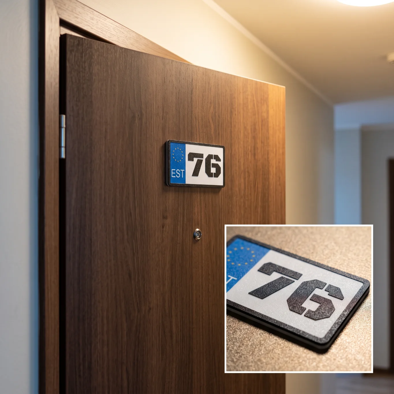 Eritellimusel 3D-prinditud numbrisilt korteri välisuksel koos lähivaatega reljeefsel pinnal