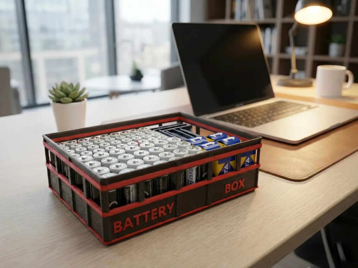 A multi-compartment storage crate designed for the secure, upright, and systematic organization of various battery sizes.