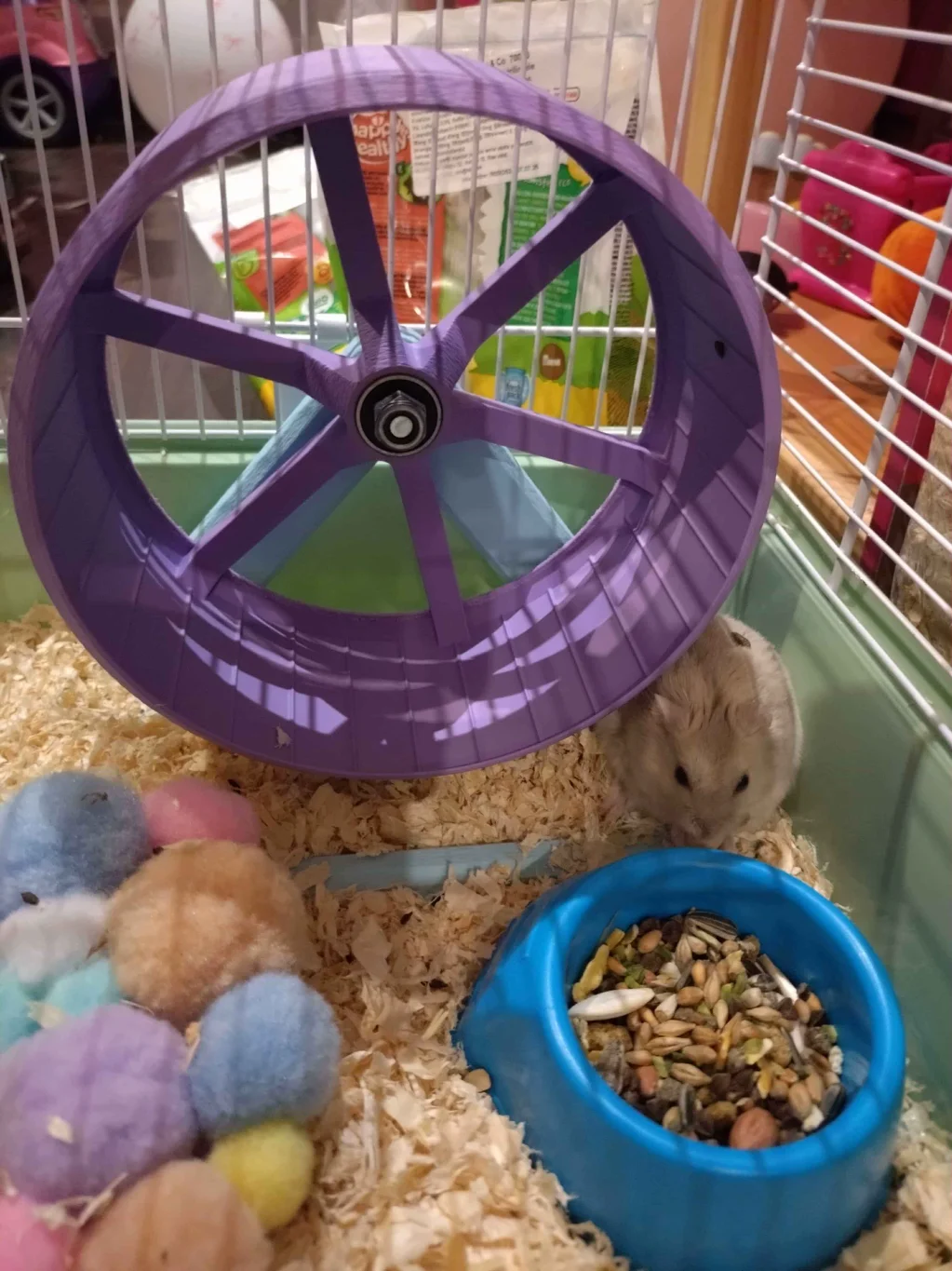 Ergonomic and silent ball-bearing running wheel for small pets.
