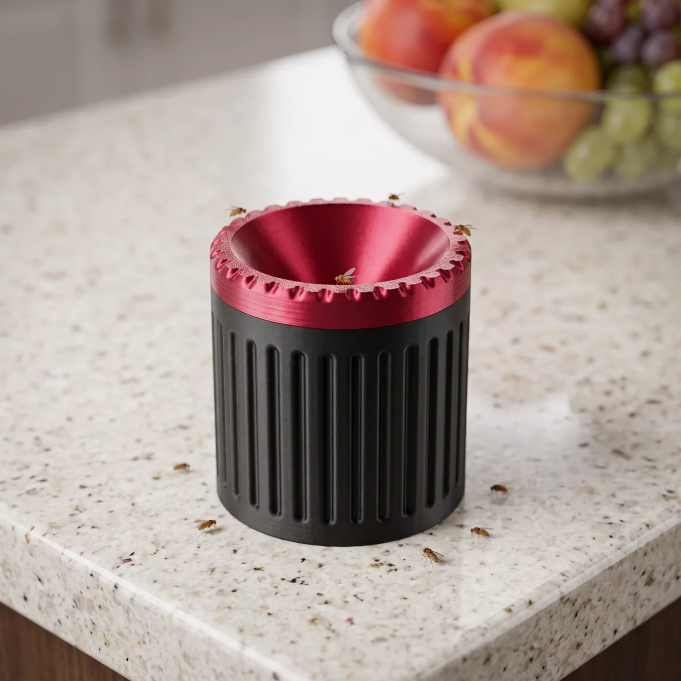 A compact and reusable poison-free fruit fly trap featuring a specially designed funnel cap that visually attracts insects and safely traps them using natural liquid bait.