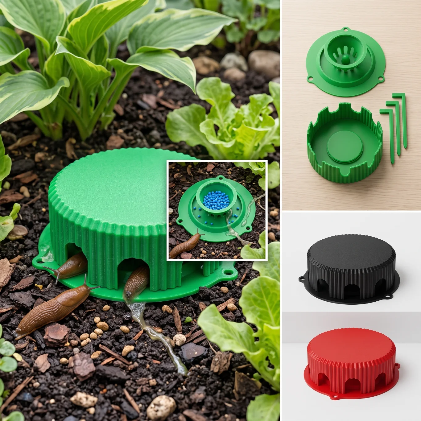 Child- and pet-safe slug trap that keeps poisonous bait contained in a closed vessel. Slugs enter through openings, consume the bait, and perish. The trap is secured to the ground with three stakes.